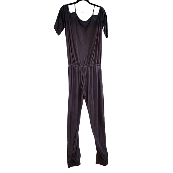 Monrow Rayon Jogger Jumpsuit 3/4 Sleeve Cold Shoulder Grey with Pockets sz Md - Picture 3 of 12